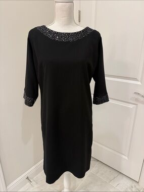Couture Black Beaded Trim Midi Dress with 3/4 Sleeves